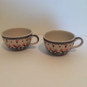 POLISH POTTERY CUPS BLUE WHITE 2 TWO TEA COFFEE HANDMADE HOME DINING DRINKWARE